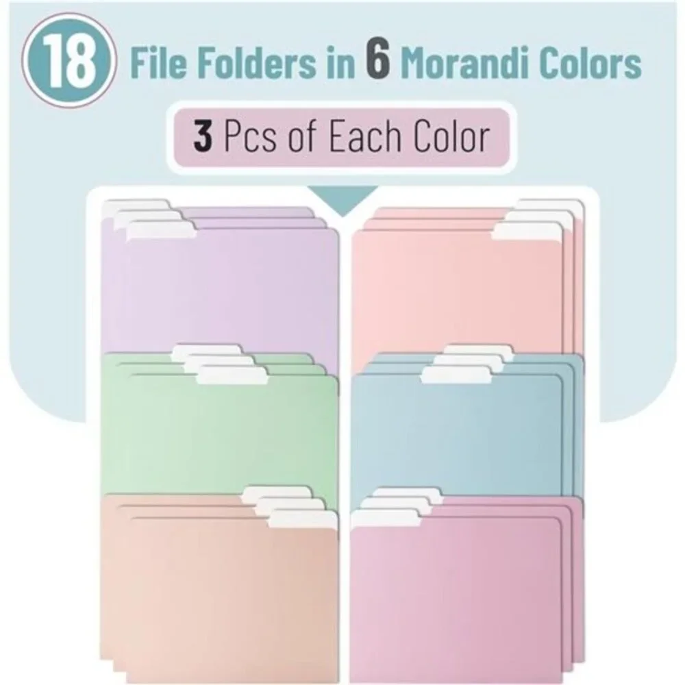 File Folders, 18 Pack, Multicolor 1/3-Cut Tab Letter Size, Durable Paper Folders
